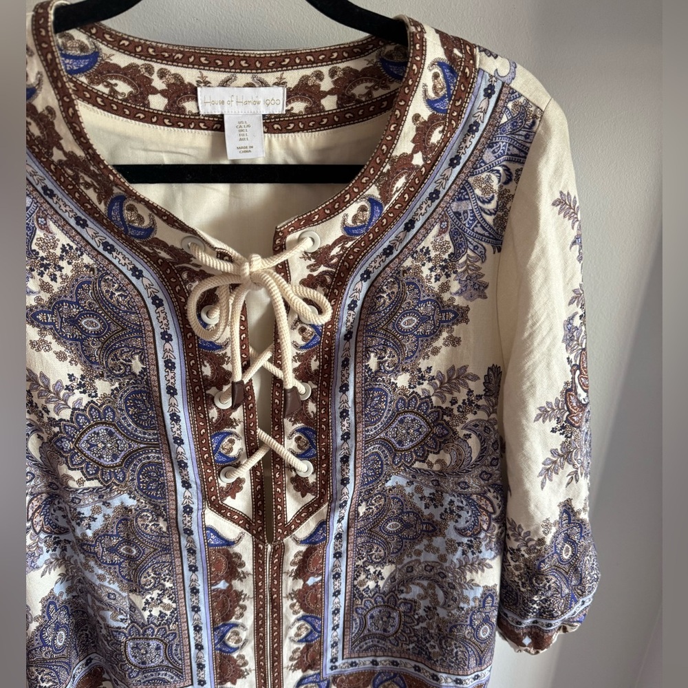 House of Harlow Linen Rayon Blend Boho Paisley Print European Summer Dress Large - Picture 3 of 10